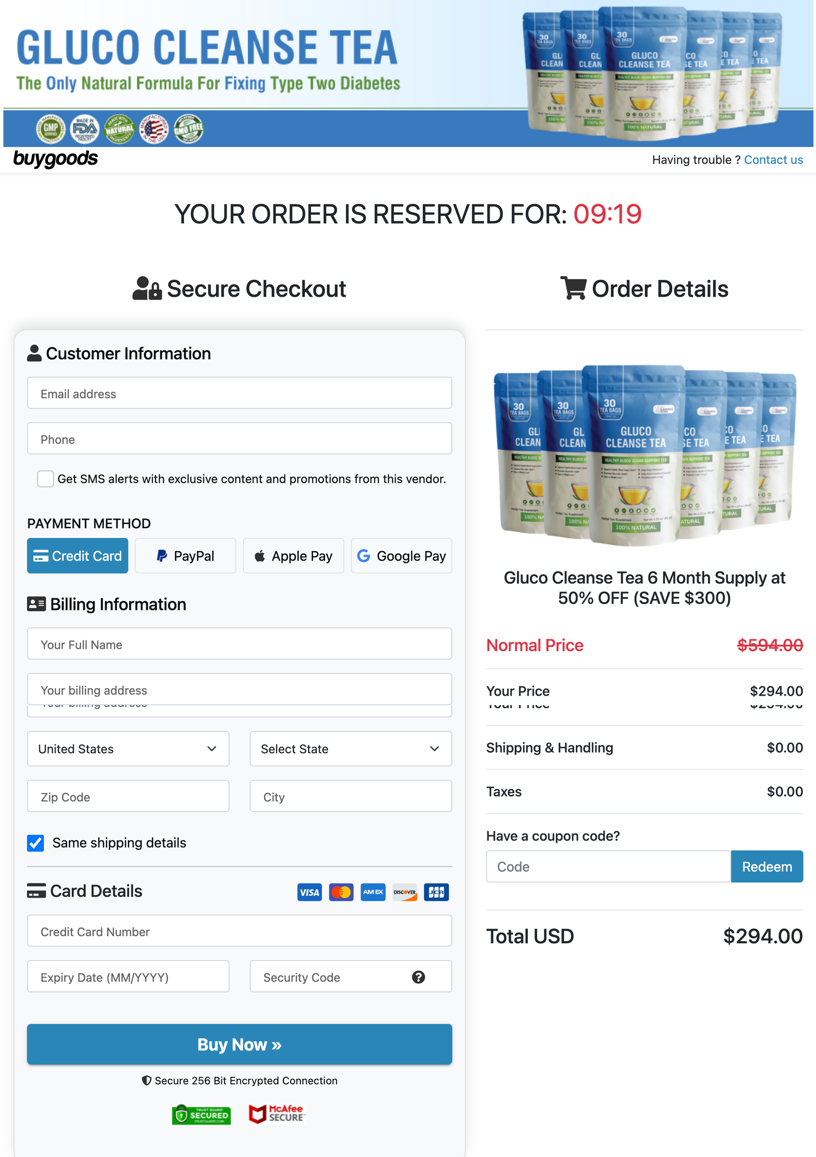 Gluco Cleanse Tea Checkout Page
